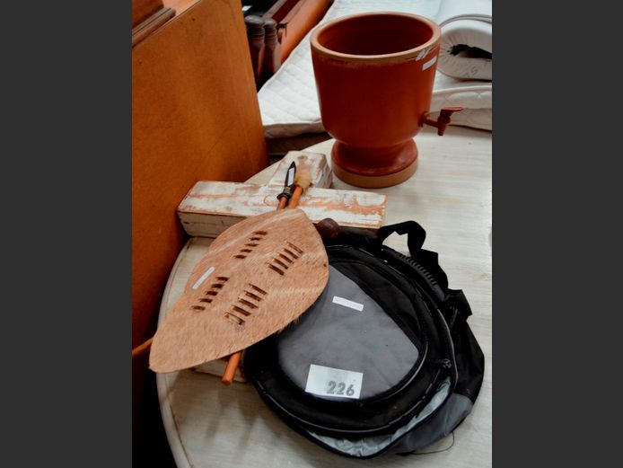 TERRACOTTA WATER DISPENSER [No lid], WOODEN CRUCIFIX, LEATHER MINI SHIELD WITH SPEAR & KNOBKIERIE