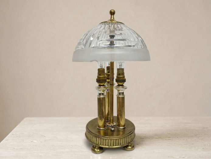 Art Deco Style Polish Crystal & Brass 3-Light Table Lamp