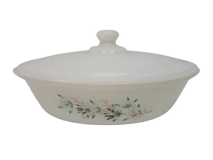 Vintage Milk Glass Covered Casserole Dish with Floral Motif