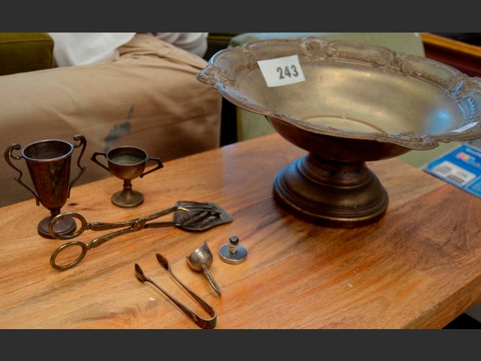 SILVER PLATE BOWL, SUGAR NIPS, etc