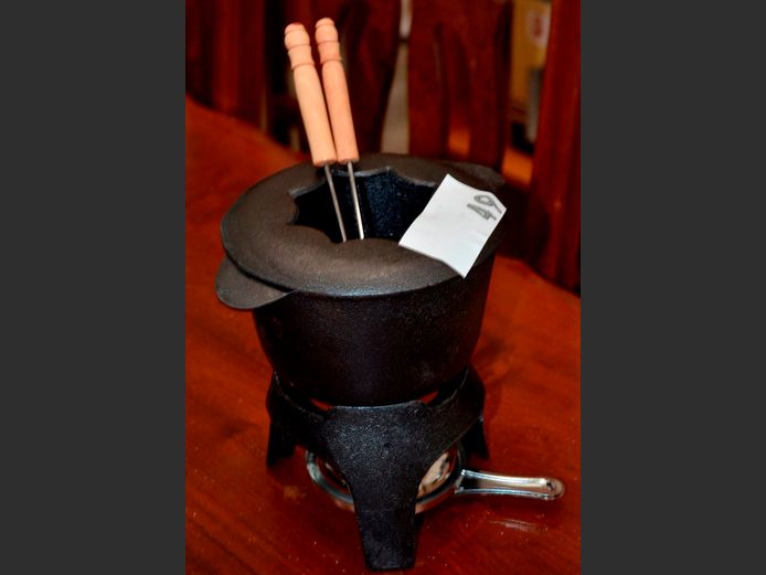 CAST IRON FONDUE POT ON STAND, 19cm High