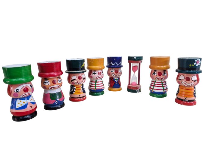 Vintage Wooden Clown Breakfast Set - Egg Cups, Shakers, and Timer