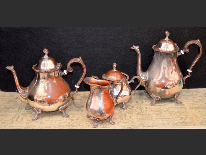 SILVER PLATE TEAPOT, COFFEE POT, CREAMER & SUGAR BOWL [Tarnished, Lids loose]