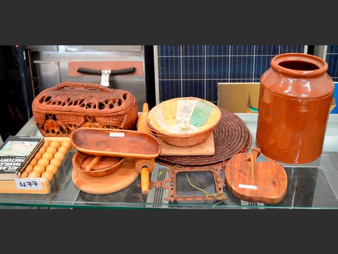 CARVED BOWL WITH LID, PLACEMATS, etc