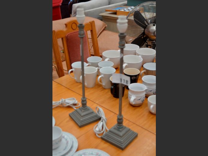 PAIR GREY PAINTED TABLE LAMPS, 50cm High [No shades]