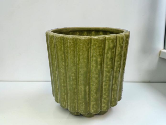 Vintage Mottled Green Ribbed Ceramic Planter