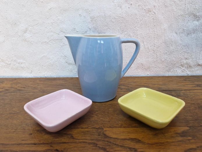German Blue Ceramic Jug with Two Small Pink & Yellow Dishes