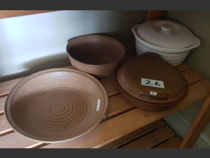 LOT: WHITE CASSEROLE WITH LID, STONEWARE CASSEROLE, BOWL, etc