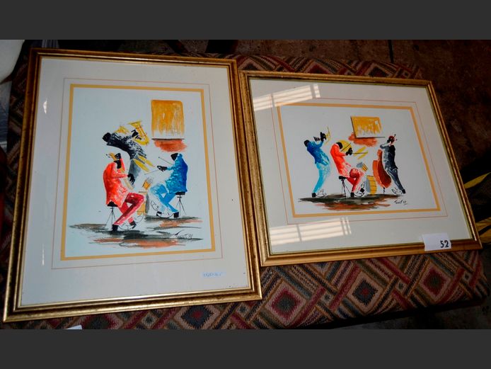 PAIR GILT FRAMED MIXED MEDIA "MUSICIANS", 35.5 x 26.5cm