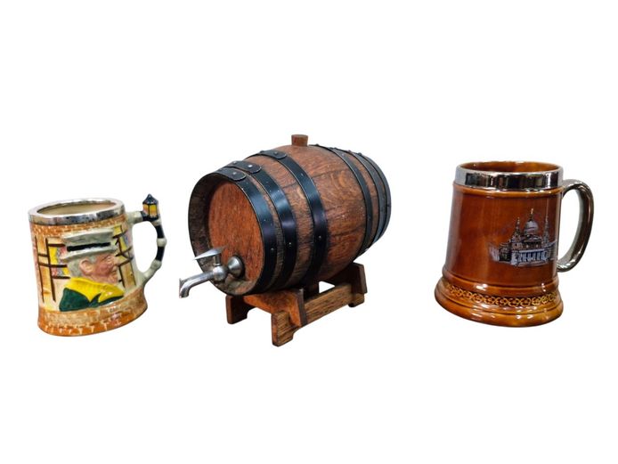 Small Oak Barrel & Ceramic Tankards