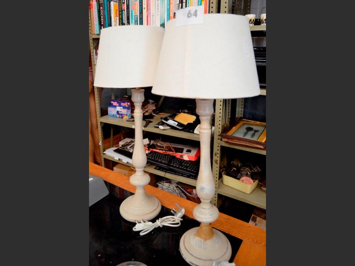 PAIR CREAM PAINTED TABLE LAMPS WITH SHADES, 66cm High [1 Damaged]