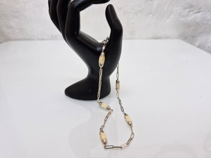 Sterling Silver & Carved Cream Bone Oval Link Necklace