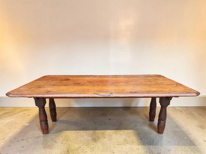 Large Vintage Rustic Wooden Coffee Table with Turned Legs