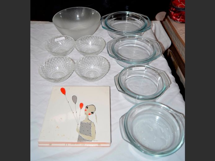 GLASS OVEN DISHES WITH LIDS, DESSERT BOWLS, PAINTED TILES, etc