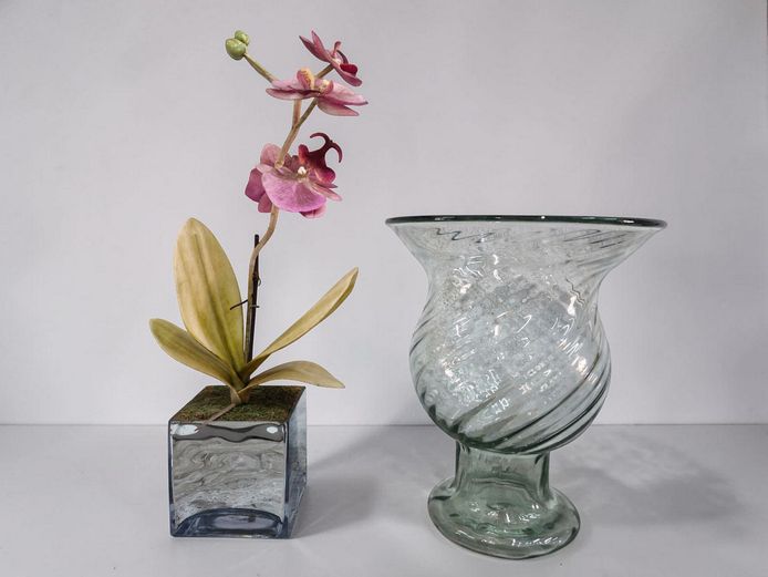 Large Hand-Blown Swirl Glass Hurricane Vase & Decorative Orchid Plant