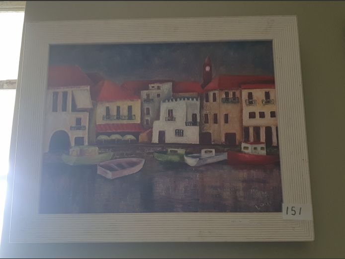 FRAMED OIL ON CANVAS "BOATS AT THE DOCKS" SIGNED LONI