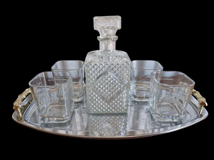 Vingtage Whiskey Decanter and Glasses on Silver Plated Tray