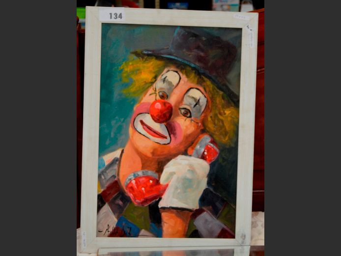 FRAMED OIL ON BOARD "PORTRAIT OF A CLOWN" SIGNED PHILLIP DU TOIT, 59 x 39cm