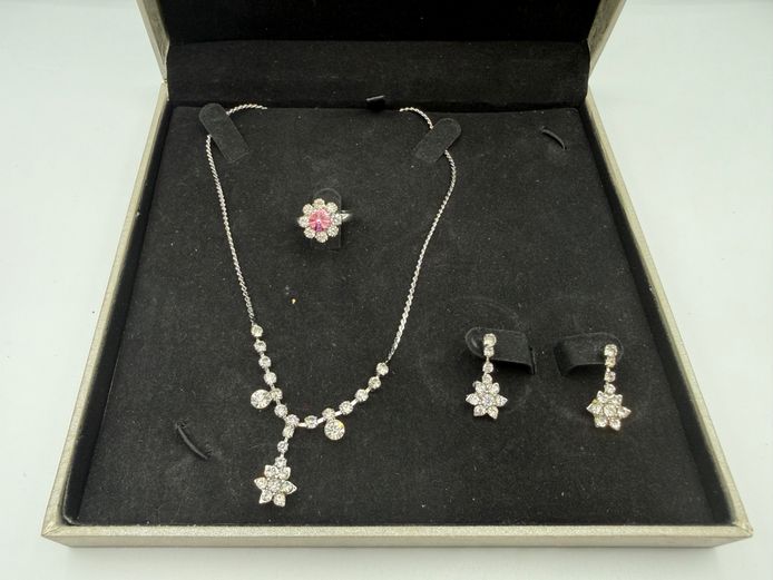 Costume Jewellery Set – Crystal Necklace, Earrings & Floral Ring in Presentation Box