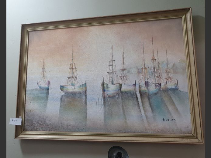 FRAMED OIL ON  BOARD "FISHING BOATS" SIGNED A ZELLER