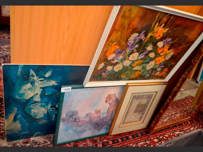 FRAMED OIL BOARD "FLOWERS", FRAMED CHEETAH PRINT, etc