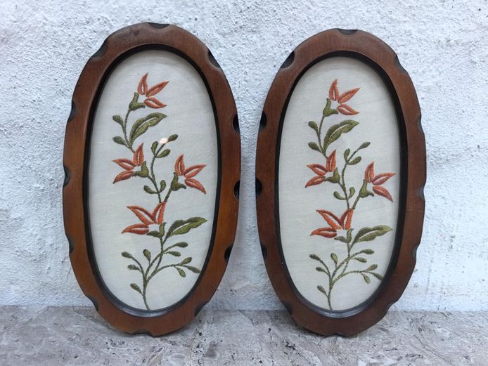Pair of Oval Wooden Framed Floral Needlework Panels