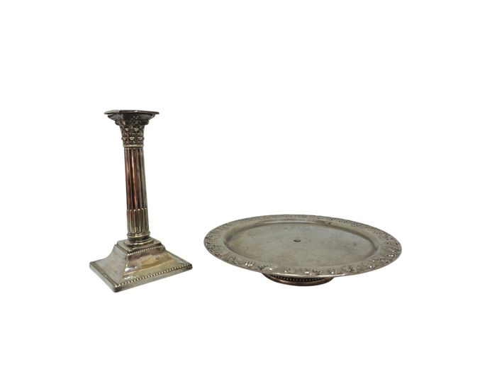 Vintage Silver-Plated Corinthian Column Candlestick & Embossed Cake Stand