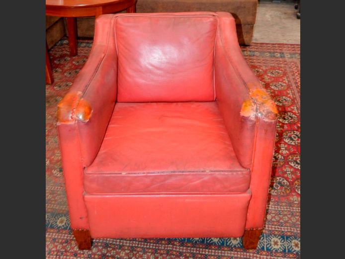 BURGUNDY LEATHER ARMCHAIR WITH STUD DETAIL [Needs re-covering]