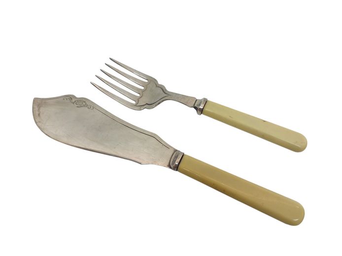 Antique EPNS Fish Serving Pair with Faux-Bone Handles