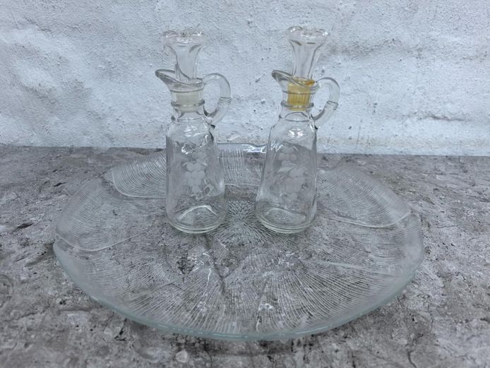 Floral Etched Glass Cruet Set on Vintage Textured Glass Platter