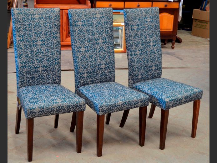 SET OF 3 BLUE & WHITE UPHOLSTERED DINING CHAIRS