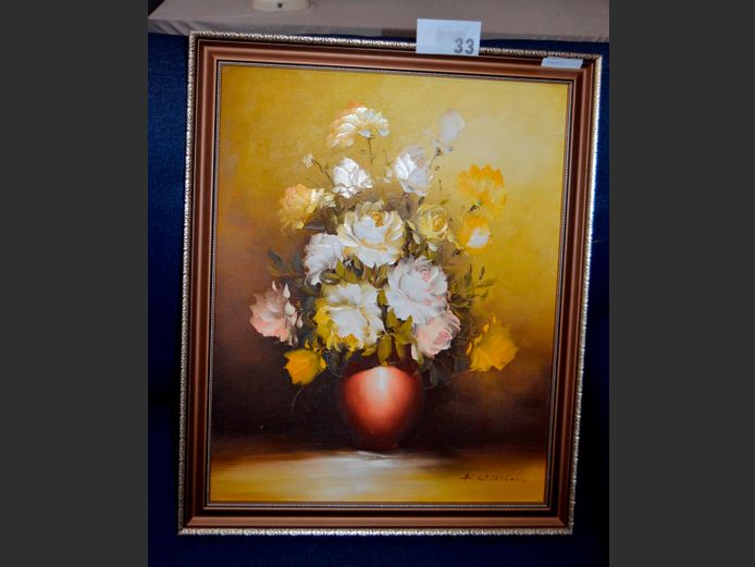 FRAMED OIL ON BOARD "ROSES IN VASE" SIGNED H. WILLIAM, 49 x 39cm