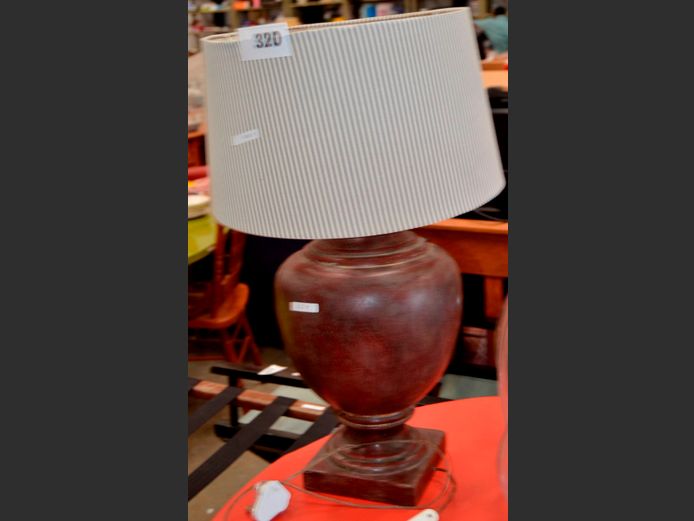 BROWN CERAMIC TABLE LAMP WITH BLUE & WHITE STRIPED SHADE, 65cm High