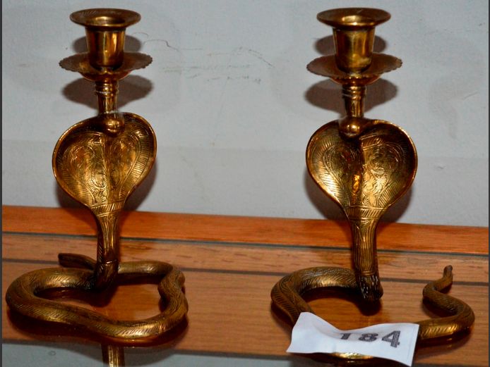 PAIR BRASS COBRA SHAPED CANDLESTICKS, 18cm High
