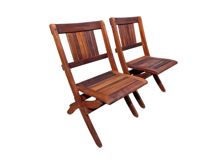 Pair of Folding Wooden Slatted Patio Chairs