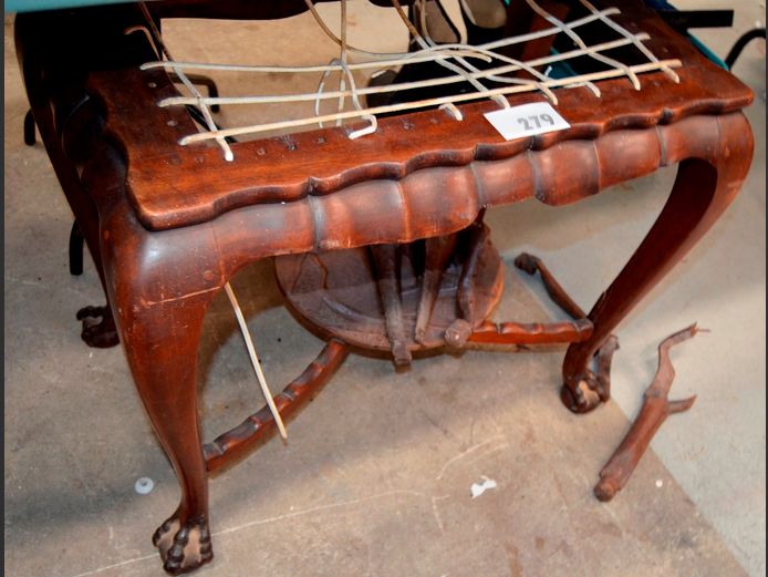 IMBUIA & RIEMPIE STOOL, 65 x 41 x 53cm [Strut needed, riempies need replacing]