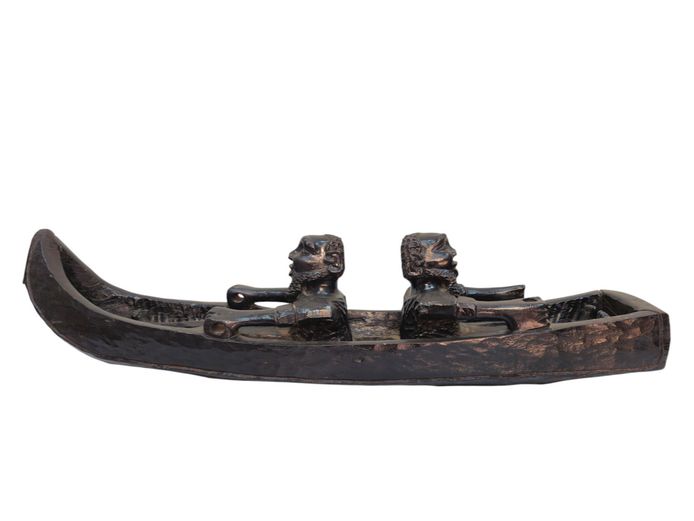Hand-Carved Wooden African Pirogue Boat Sculpture