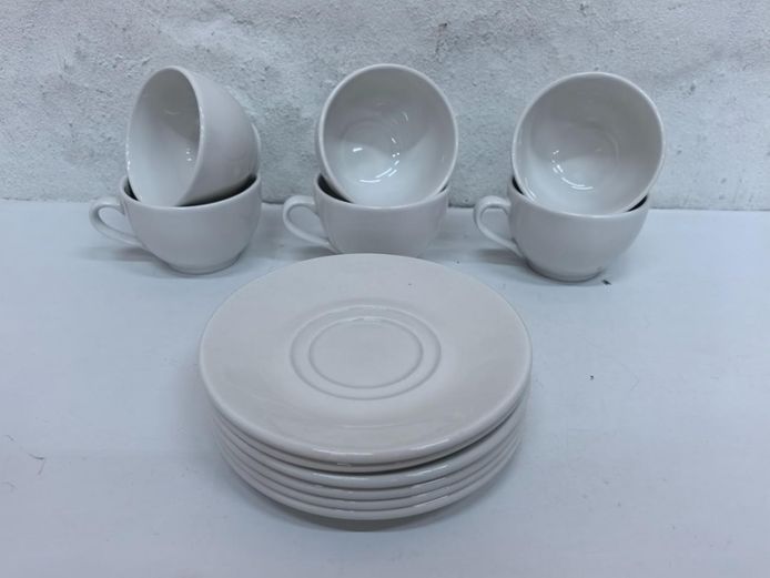 Set of 6 Continental Vitrified Hotelware White Cups and Saucers