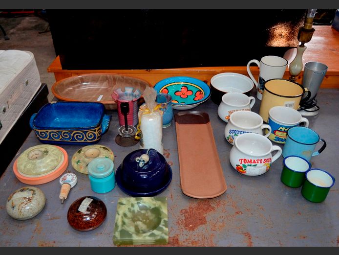 STONEWARE BOWLS, SOUP MUGS, ENAMEL MUGS, etc