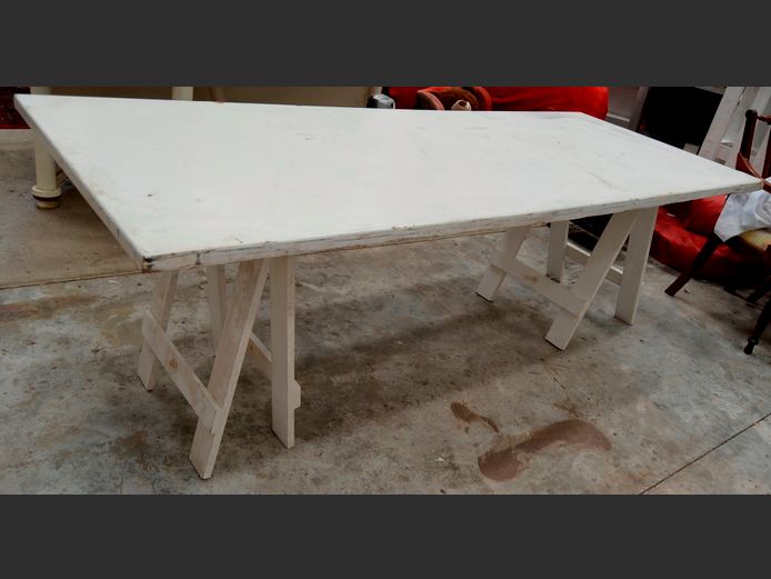WHITE PAINTED TRESTLE TABLE, 240 x 92 x 76cm [Needs re-painting]