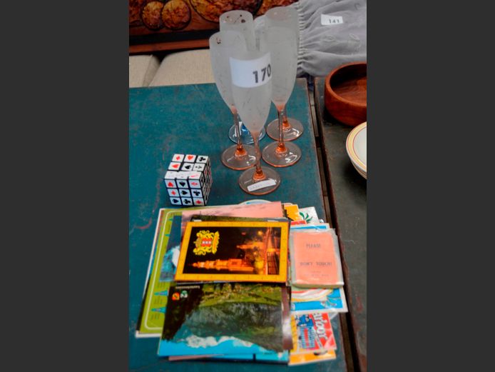 SET OF 5 FROSTED GLASS CHAMPAGNE FLUTES & COLLECTION POSTCARDS, STICKERS, etc [13,19]