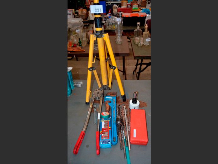 MONKEY WRENCH, CRIMPER, DRILL BITS, TRIPOD, etc
