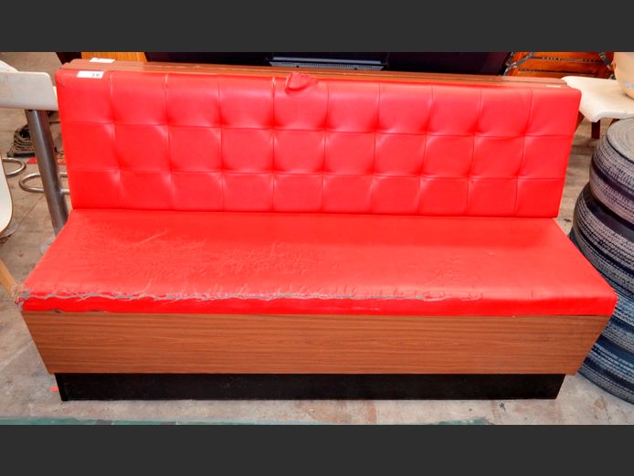 RED VINYL UPHOLSTERED 3-SEATER BENCH, 160 x 62cm [Needs re-covering]