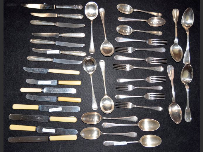 COLLECTION SHEFFIELD BONE HANDLED KNIVES, SILVER PLATE KNIVES, FORKS & SPOONS [5,6]