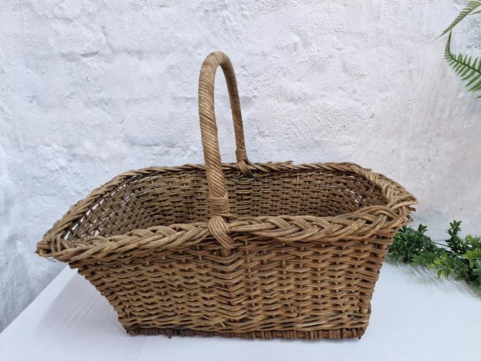 Vintage Woven Willow Cane Trug Basket with Braided Rim & High Loop Handle