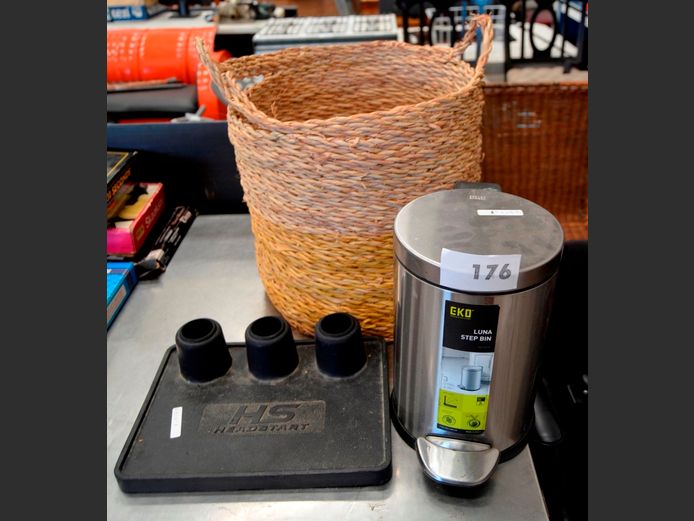 WICKER BASKET, STAINLESS STEEL BATHROOM BIN & A FISHING ROD HOLDER [5,7]