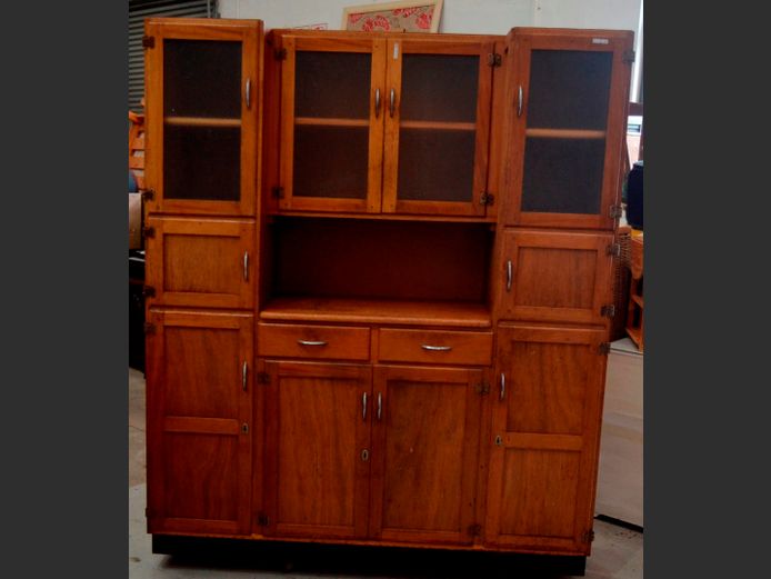 1960's MAHOGANY 10-DOOR, 2-DRAWER KITCHEN CABINET, 153 x 47 x 183cm