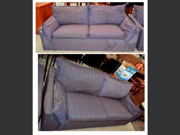 PAIR GREEN, RED & BLUE DOTTY UPHOLSTERED 2-SEATER COUCHES, 180 x 82cm [Need a good clean]