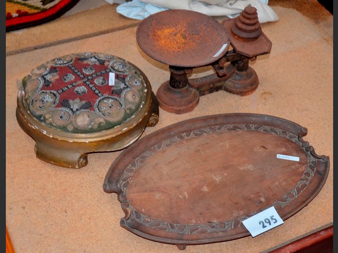 VINTAGE GROCERS' SCALE WITH WEIGHTS [Rusty], CIRCULAR FOOTSTOOL & A WOODEN TRAY [All in need of attention]