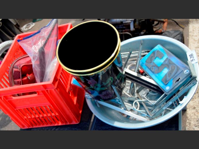 LOT: 2 x ALUMINIUM BOWLS, WALL BRACKETS, DUSTBINS, etc
